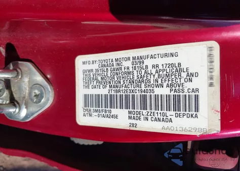 1999 Toyota Corolla Ce z USA, uszkodzony, nr VIN 2T1BR12E3XC194035